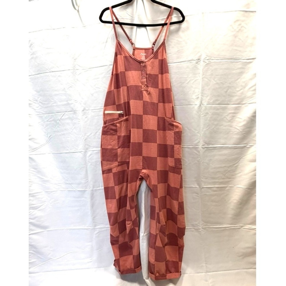 RAGS Women's Tank Romper Pink Denim Check Medium Checkerboard Henley NWOT